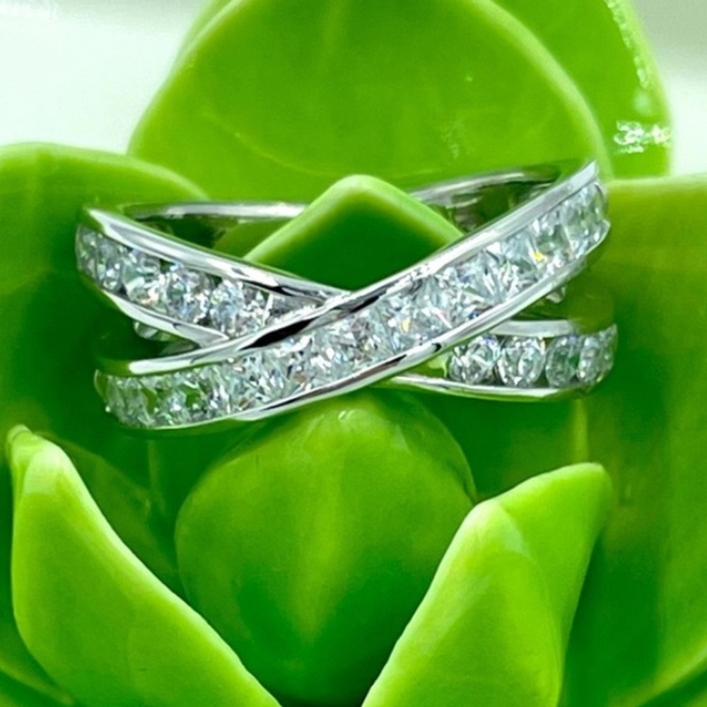 Diamonique Sparkling Silver Crisscross Ring with Clear Stones